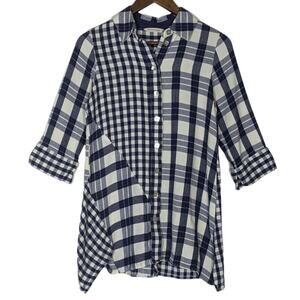 Soft Surroundings Blue Plaid Textured Huntleigh Lagenlook Buttons Tunic Top XS